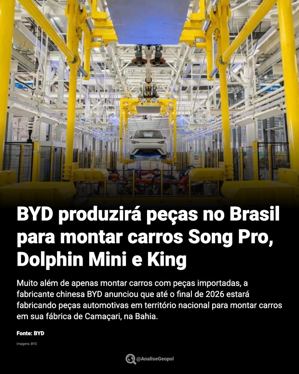 AnaliseGeopol's tweet photo. 🇧🇷🇨🇳 A fabricante chinesa BYD anunciou que estabelecerá a produção de peças automotivas no Brasil até o fim de 2026. A fabricação em Camaçari (BA) atenderá os modelos Song Pro, Dolphin Mini e King, marcando um avanço além da montagem de carros com peças importadas. https://t.co/f27WWRPPvI