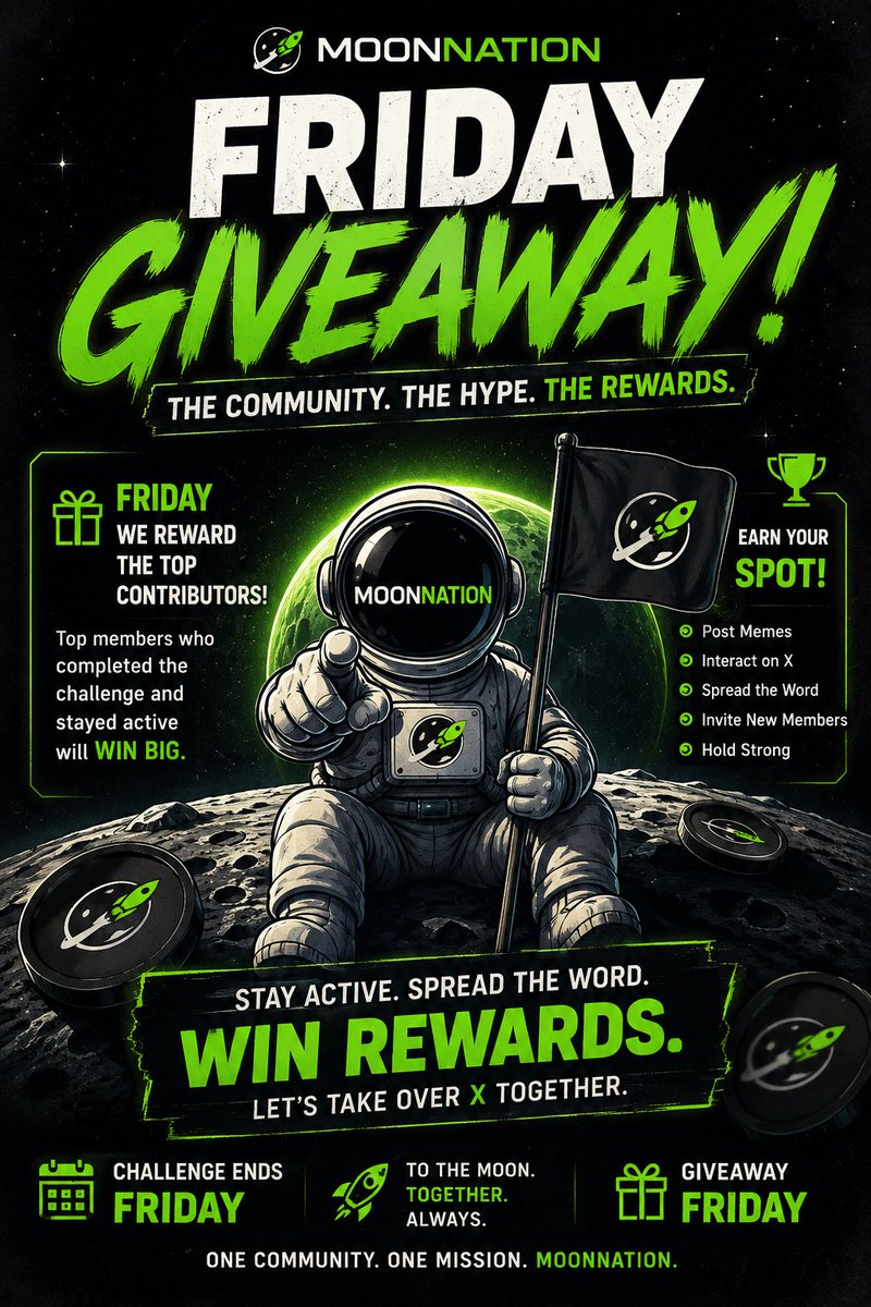 MoonNationHQ's tweet photo. 🚀🌕 MOONNATION FRIDAY GIVEAWAY 🌕🚀

The challenge is officially underway!
Post memes. Raid X. Spread the word. Invite new members. Hold strong.

The most active community members will have a chance to earn rewards this Friday. 🏆

Let’s show everyone what MOONNATION is made of. https://t.co/QkGgOOvaeH