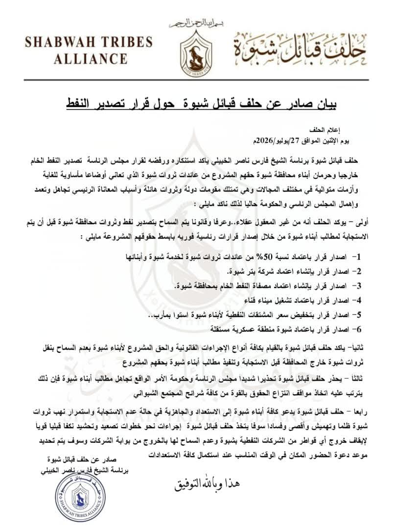 ShabwaPact's tweet photo. حلف قبائل شبوة 
تحت شعار شبوة *تجمعنا* 
يرفض قرار رشاد العليمي تصدير نفط شبوة 
حتى تلبية مطالب حقوق شبوة أولا.

 واجبا وطنيا على كل شبواني حرا 
��ادقا وفياءا لشبوة .. 
  شبوة أولا فوق الاحزاب والاختلاف والانتماء السياسي ...
 *معا* نحو تصعيدا نكفا قبليا انتزاع  ألحق الشبواني.. https://t.co/4vjK5lYKPg