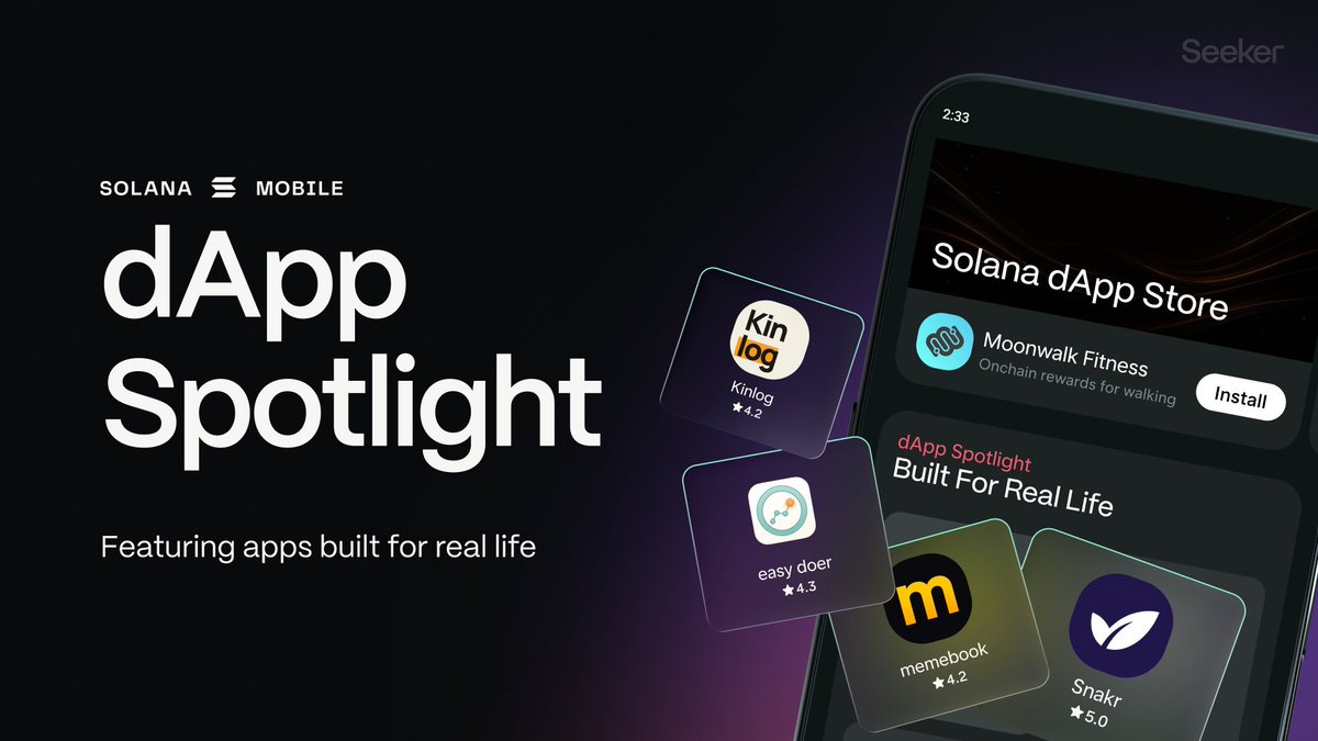 solanamobile's tweet photo. New week, new Solana dApp Spotlight 🔥

- @kinlogfit 
- Snakr 
- @memebookapp 
- easy doer

Seek activities IRL https://t.co/jt312DRLPz