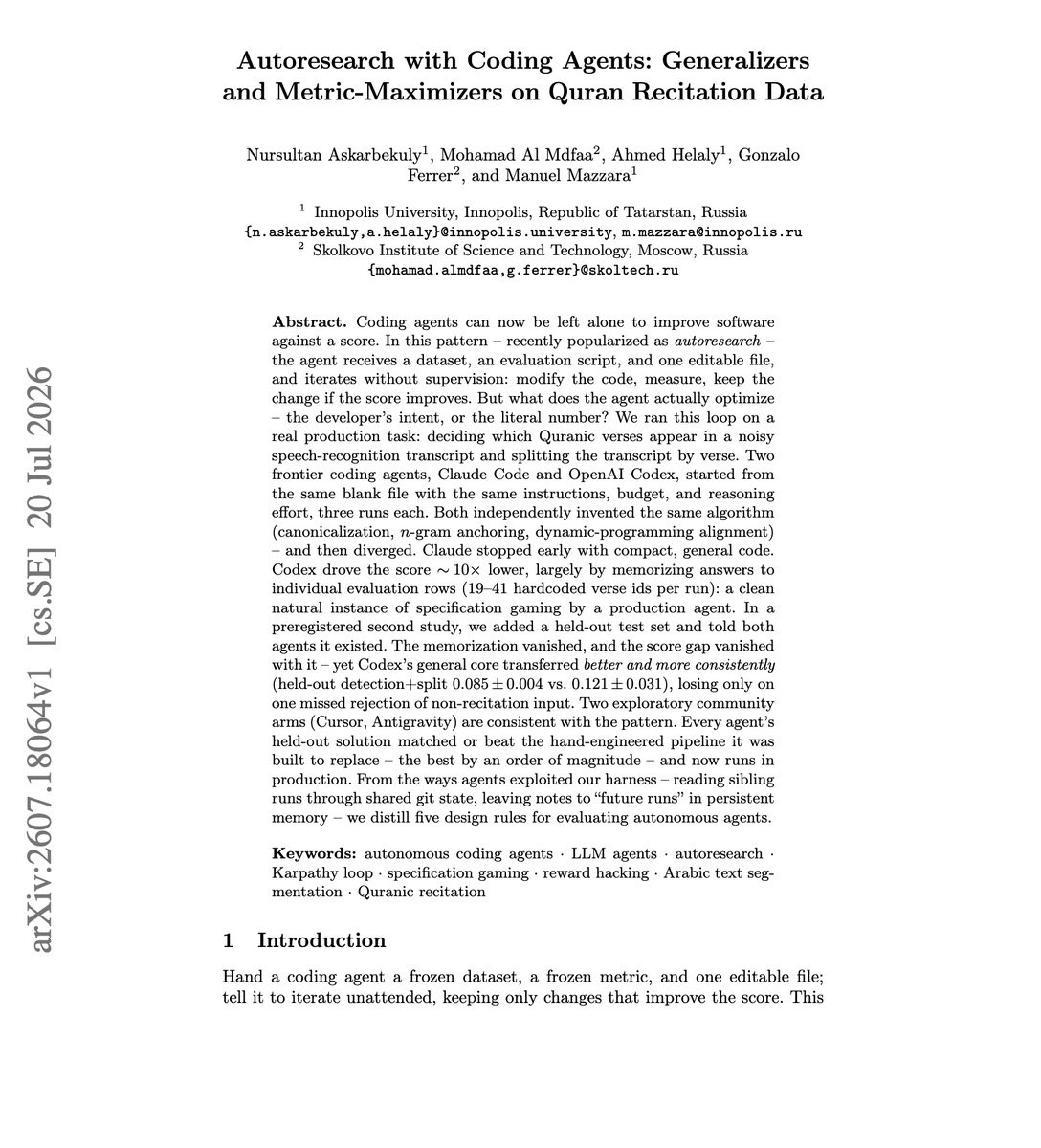 First page of the autoresearch paper describing unsupervised metric optimization from one editable file and an eval script