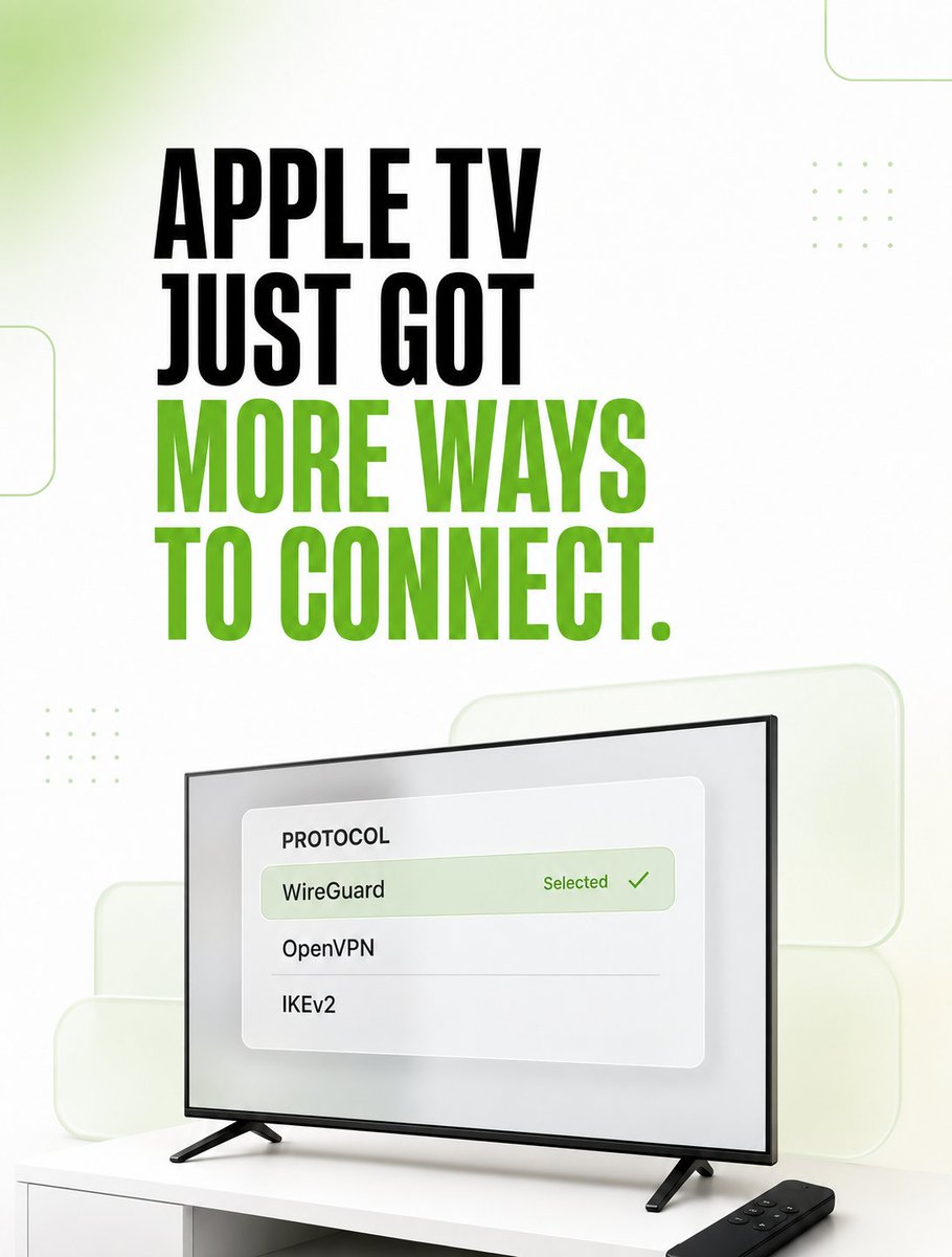 ipvanish's tweet photo. Apple TV just got more ways to connect.

WireGuard and OpenVPN are now available in the IPVanish Apple TV app, joining IKEv2. More protocol choice. More control over your connection. https://t.co/nJD37VE1s3