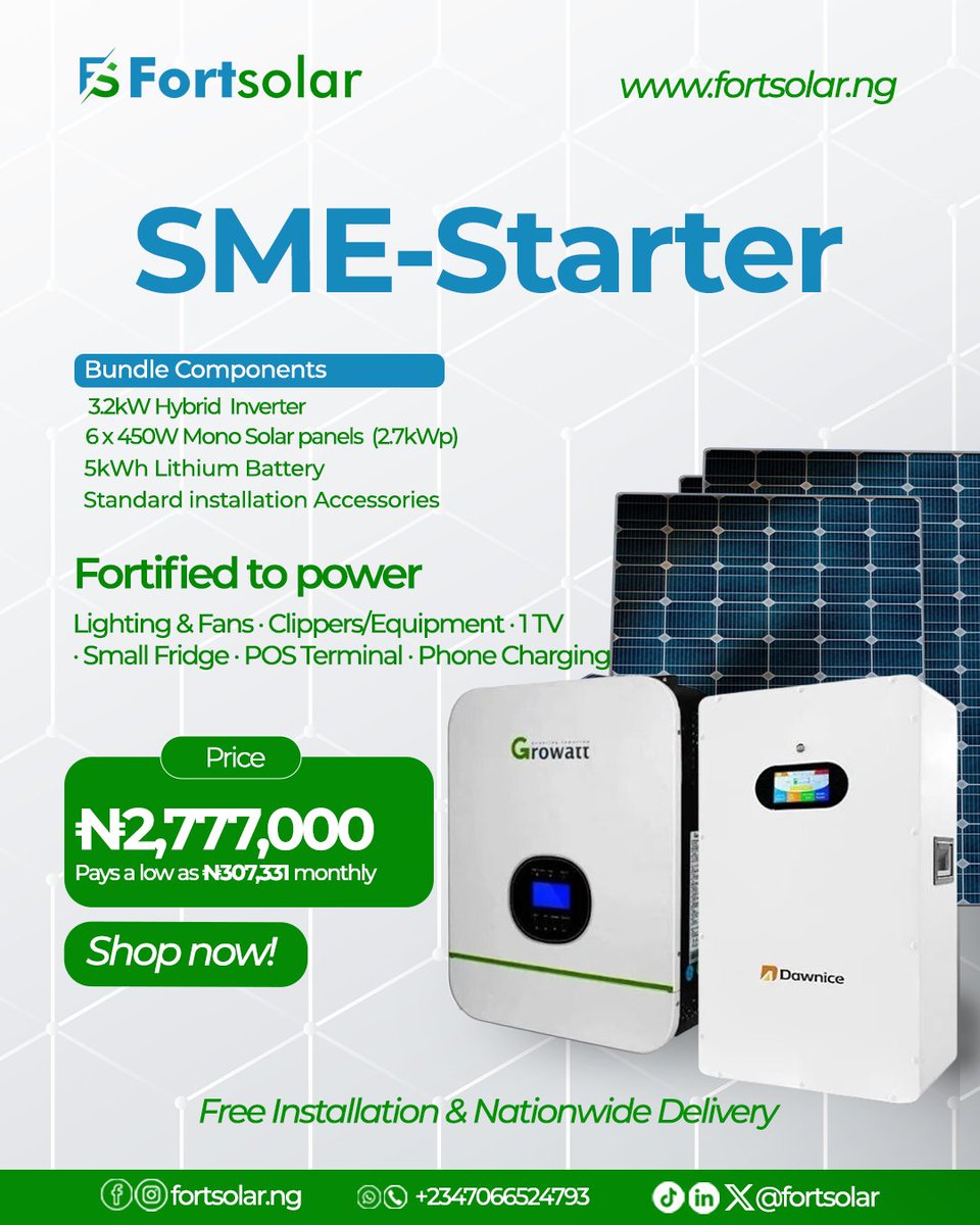 Fortsolar's tweet photo. Solar Package N0 4

The SME-Starter 

This is for those users who doesn't really have have heavy appliances but still want to have 24/7 power supply also great for small scale businesses https://t.co/W2PbPIqqEc