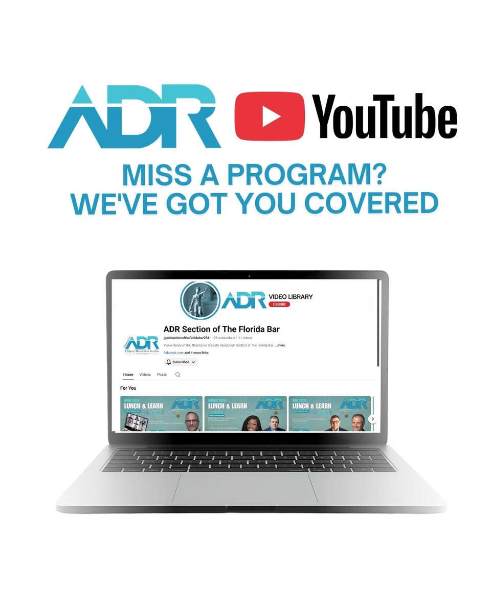 FlaBarADR's tweet photo. Your CLE and CME content is waiting.

The ADR Section's YouTube channel is stocked with our January through May Lunch and Learn series, active CLE programs from 2025, and our most recent CLE program with Miles Mediation.

https://t.co/SOO74rkNPo

#FloridaBarADR #ADRSection https://t.co/3D4HPf9sYA