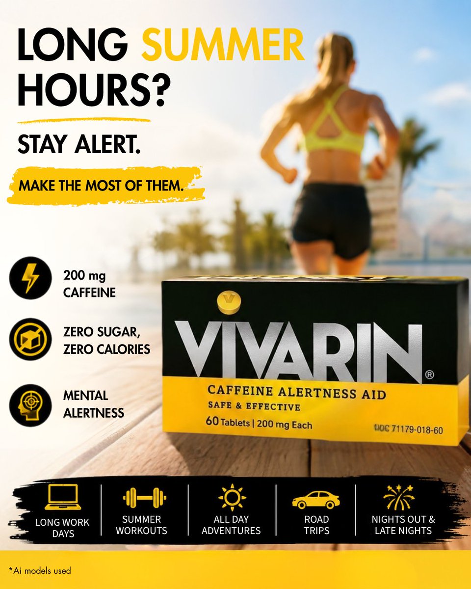 vivarintablets's tweet photo. ☀️ Long summer hours? Make the most of them.

Stay alert through work, workouts, road trips, and late nights with Vivarin®.

⚡ 200 mg caffeine per tablet
✔ Mental alertness
✔ Zero sugar
✔ Zero calories

#Vivarin #StayAlert #SummerEnergy #LongSummerDays https://t.co/U7HkZ78tZ2