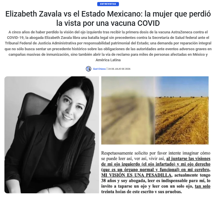 emeequis's tweet photo. 🚨⚖️ Perdió la vista tras vacunarse contra COVID… y ahora demanda al Estado mexicano.

Hace cinco años, la abogada Elizabeth Zavala perdió la visión de un ojo después de recibir una dosis de AstraZeneca. Hoy enfrenta una batalla legal contra la Secretaría de Salud para exigir una reparación integral y sentar un precedente para miles de posibles afectados por eventos adversos graves.

¿Puede el Estado ser responsable por los daños derivados de una campaña masiva de vacunación? Ese es el debate que llegará a los tribunales.

📎 Lee la entrevista completa:
https://t.co/k9YGz3aubR
📲 Sigue a EMEEQUIS para más entrevistas, investigaciones y análisis.