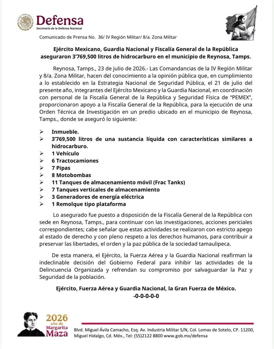 azucenau's tweet photo. 🔴Continúan los aseguramientos en Tamaulipas tras el hallazgo de una refinería clandestina en Reynosa. 

Como parte de las investigaciones, el fin de semana autoridades federales intervinieron un segundo inmueble donde decomisaron 109 mil litros de hidrocarburos, además de tanques de almacenamiento y equipo especializado.

Las indagatorias se mantienen luego del aseguramiento inicial de más de 3.7 millones de litros de combustible en un operativo relacionado con la elaboración y distribución del llamado “diésel negro”.

🗞️David Galván @Radio_Formula