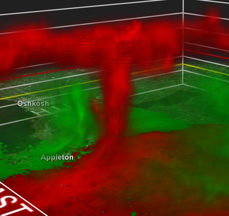 hamrguy221's tweet photo. @electrifying The area that really got hit was Menasha, WI along with potentially Neenah, but the boundaries get a little muddy down there. It’s a mess. Pulled this image from the radar data while it was happening which was quite the view of the tornado https://t.co/qZagOeBauN