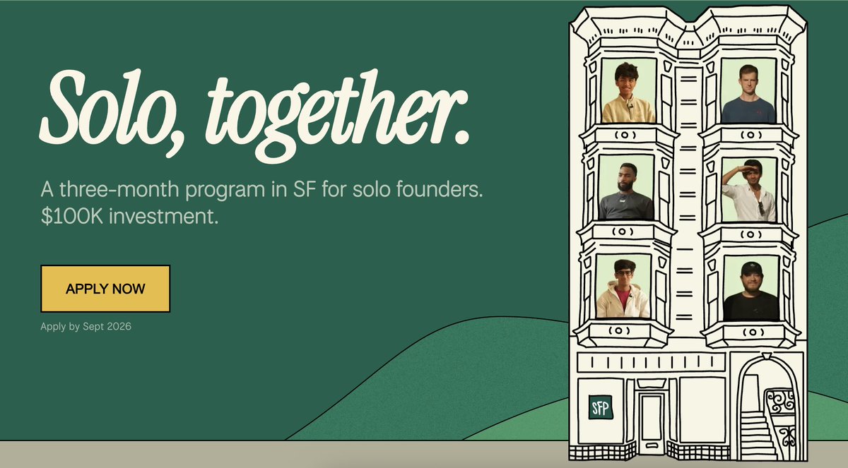 suraj_sharma14's tweet photo. 𝗡𝗘𝗪 𝗣𝗥𝗢𝗚𝗥𝗔𝗠: Solo Founders Program is accepting applications.

Building alone does not mean building in isolation.
@solofounders Program brings together solo founders in San Francisco for three months of focused building, weekly 1:1s, shared office space and founder-led dinners.

You receive 𝗮 $𝟭𝟬𝟬𝗞 𝗶𝗻𝘃𝗲𝘀𝘁𝗺𝗲𝗻𝘁, $800K+ in perks, optional housing and a community that understands the solo journey.

No co-founder required. No pressure to "find one." Just builders shipping together.

Alumni have raised $3M, hit $2M ARR solo, shipped to governments and gone directly into YC.

🗓️ 𝗔𝗽𝗽𝗹𝘆 𝗯𝘆 𝗦𝗲𝗽𝘁𝗲𝗺𝗯𝗲𝗿 𝟮𝟬𝟮𝟲 • Rolling review
If you are a solo founder ready to stop feeling alone, this program deserves your attention.

apply: https://t.co/Uw9aLsWCNo