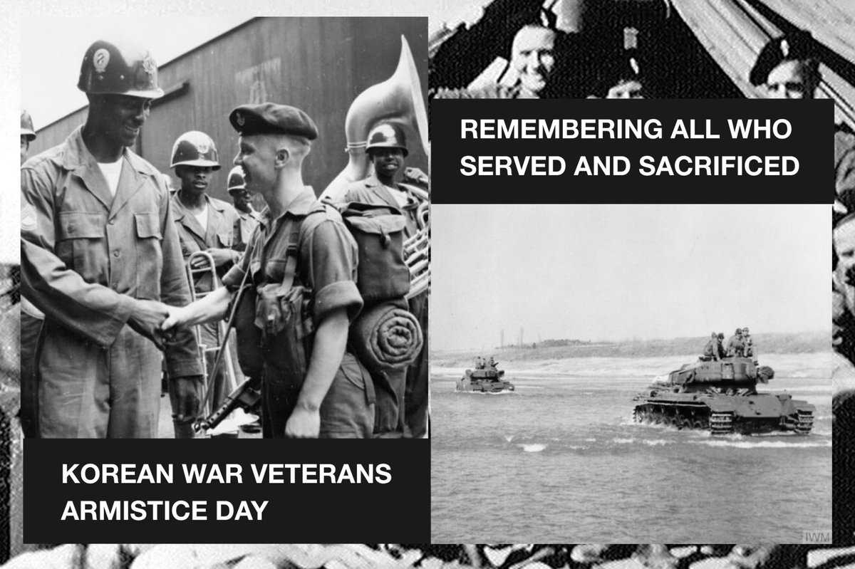 UKdefenceUS's tweet photo. Today we honour all those who served in the Korean War.

These images capture UK-U.S. forces serving alongside one another in Korea. A British soldier is welcomed on arrival by a U.S. counterpart in 1952, and a M46 tank leads British Centurion tanks across the Imjin River. https://t.co/zGakYXTEpL