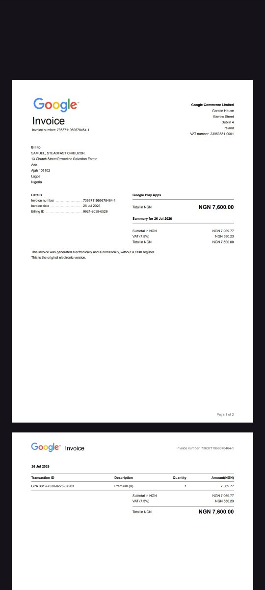 Yavinspen's tweet photo. "@Premium
 @XSupport
Renewed my Premium via Google Play yesterday, shows active on Play Store but not reflecting on my account. Order details ready. Please help. https://t.co/6D8WH7AsDZ