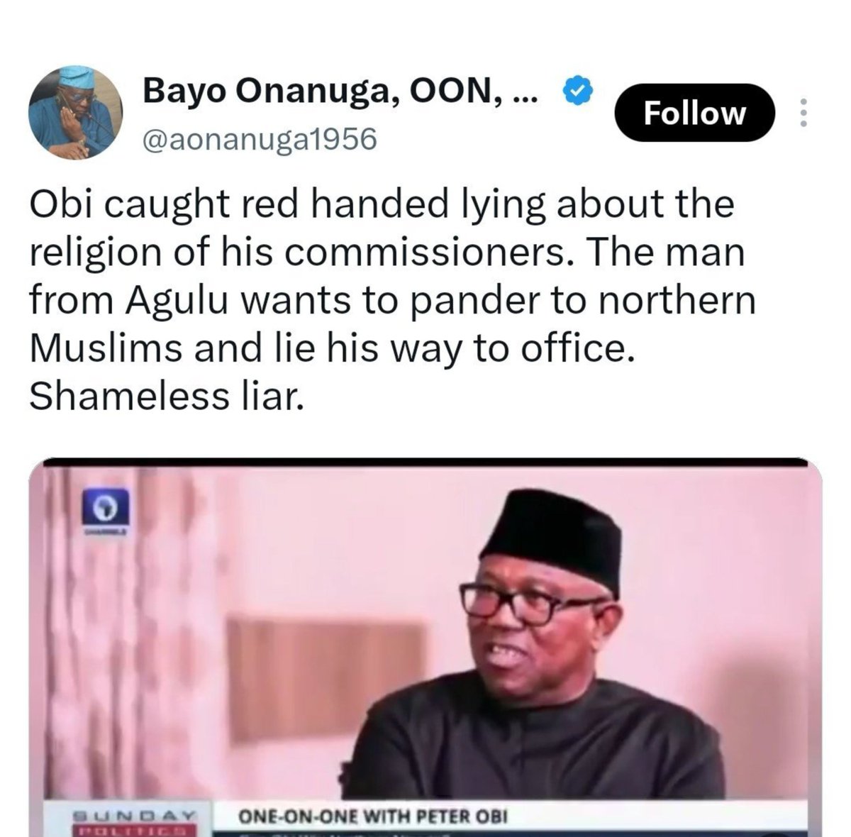 AnewNaija's tweet photo. Bayo Onanuga, the Special Adviser on Bigotry and Peter Obi matter, set out to make Obi look like a liar. Instead, he made a fool of himself. He posted a reckless accusation, got fact-checked by reality, and deleted it in shame.  He attacks first, thinks later, and deletes when caught. When your job is defending the government, but you can’t even defend your own tweet, you’re not a media aide. You’re a media disgrace.