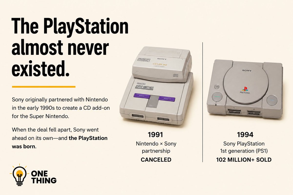 1ThingHQ's tweet photo. 🎮 One of the most successful gaming consoles in history exists because one partnership fell apart. Sometimes the biggest breakthroughs begin with a failed deal.

#OneThing #PlayStation #Gaming https://t.co/T9PAeRBm02
