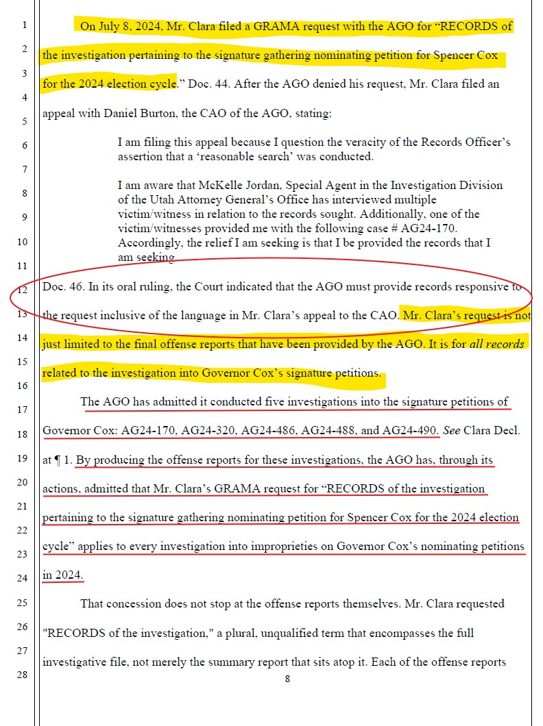 donMiguelSLC's tweet photo. Back in July 2024, I submitted a GRAMA request to the @UtahAG for the investigation into forgeries on @GovCox candidate petitions. The Utah Attorney General (AG) denied my request citing that no such records existed. As a result of an appeal to the AG Chief Administrative Officer, State Records Committee and Third District Court, the AG was compelled produced five investigations. 

🖊️ On Friday, my attorney @goud4utah filed a "Motion to Reopen Discovery" in our Rule 60(b) case. On page 8 he wrote: "Mr. Clara’s request is not just limited to the final offense reports that have been provided by the [Utah Attorney General]. It is for all records related to the investigation into Governor Cox’s signature petitions."

⚖️  I’ll say it again; a major feature of accountability is demanding the release of documents that the criminals in government arrogantly created detailing their malfeasance. The moment government records corroborate a citizen’s claim; the narrative shifts from allegation to exposure. 

🔎 Accordingly, we press forward with exposing how  @LGHendersonUtah rigged the @UtahGOP 2024 Primary election, against the Gubernatorial ticket: @phil_lyman and @NatalieforUtah