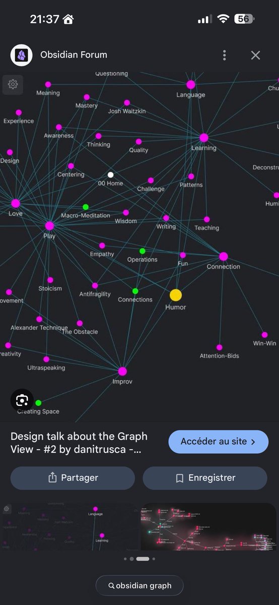 gramosukaj1's tweet photo. Le principal argument d’obsidian c’est de faire des liens entre tes ressources en mode graph. 

Parce que le problème de pas mal de gens c’est d’écrire des notes h24 mais soit de pas s’en souvenir soit de zapper, la ça permet de faire des liens

Mtn franchement entre un Notion + un drive ça fais relativement le taff pour la majorité