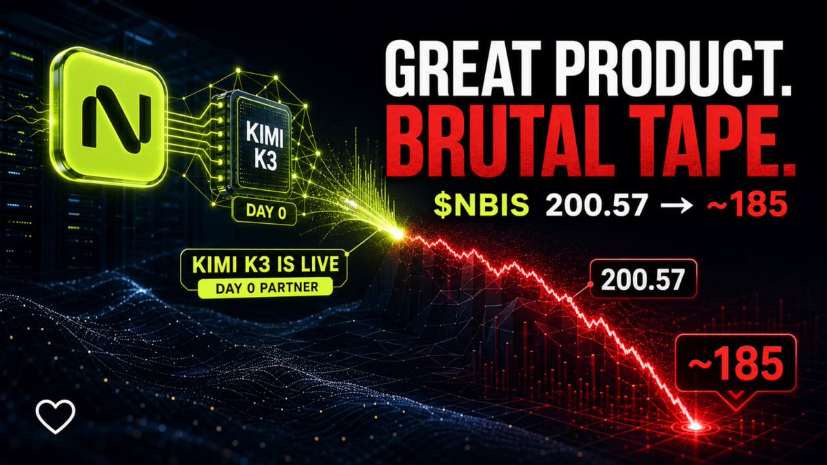 Abbycadabby87's tweet photo. Kimi K3 is officially live!

I love the launch, and the tape just made the day even wilder.

Nebius Token Factory is an official Day 0 partner. $NBIS ran from $200.57 to $180.93, then climbed back near $188 and turned green.

Now I want paid usage, revenue and margins. 🤍
#KimiK3