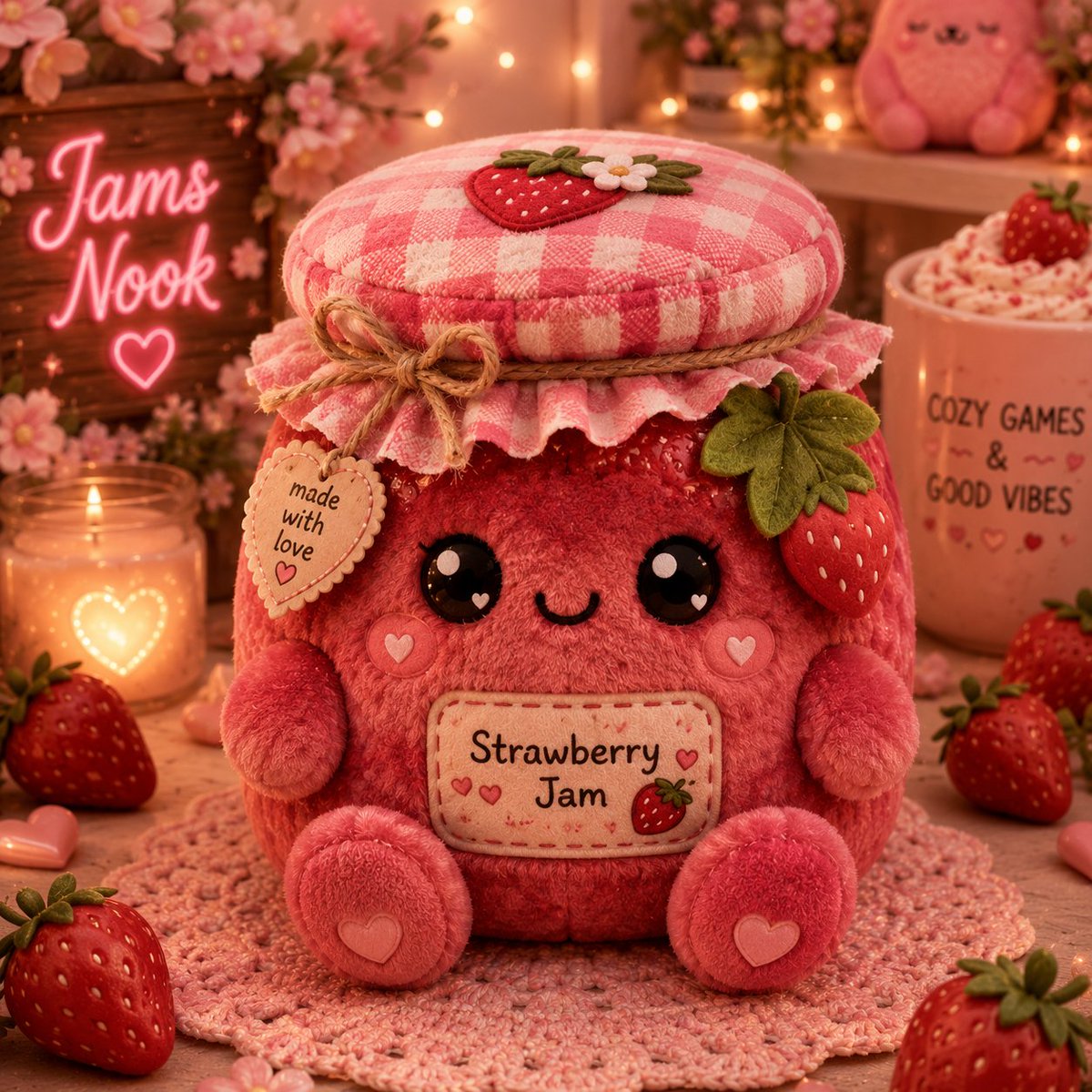 JamsNooks's tweet photo. 🍓 Strawberry Jam
"The Sweetheart"
The first jam to awaken.
Strawberry Jam believes everyone deserves a hug and never lets anyone feel left out.
She loves making new friends and is usually the first one waiting by the front door to welcome visitors.
She secretly leaves little strawberries around the Nook because she believes they're lucky.
Favorite saying: "There's always room for one more friend!"