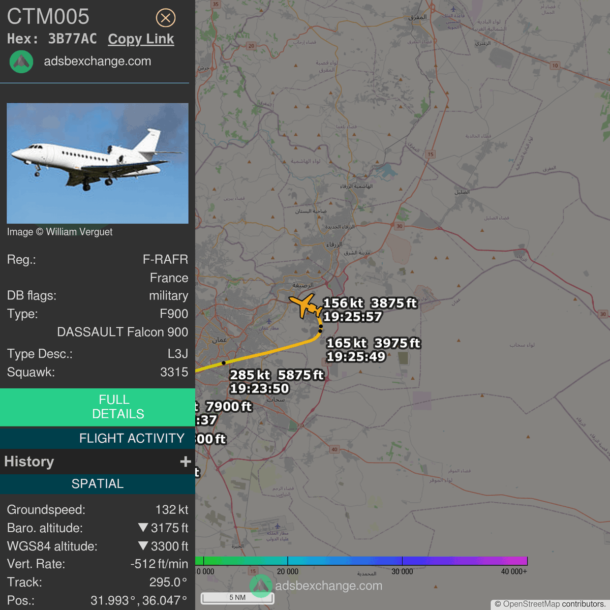 FlottePresident's tweet photo. 🛬 Le Dassault Falcon 900EX EASy 🇫🇷 République Française immatriculé #FRAFR a atterri près de Amman, Jordanie.

📋 Bilan (estimation) :
~ 4h34 de vol
~ 3.919 km parcourus
~ 3.900 kg de carburant consommé

Résumé du vol #CTM005 : https://t.co/0HlKFoSoFv https://t.co/QXJquOHpij