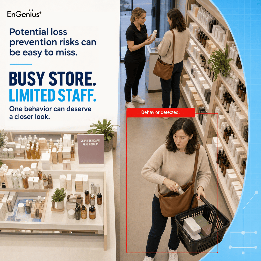 EngeniusTech's tweet photo. Suspicious behavior can be easy to miss in a busy store.

EnGenius AI Surveillance can alert security teams in real time, while ECC500 cameras and Cloud AI track the same person across cameras for clearer incident context.

Learn more: https://t.co/f2koXWbYQV https://t.co/JjUpVO2kR9