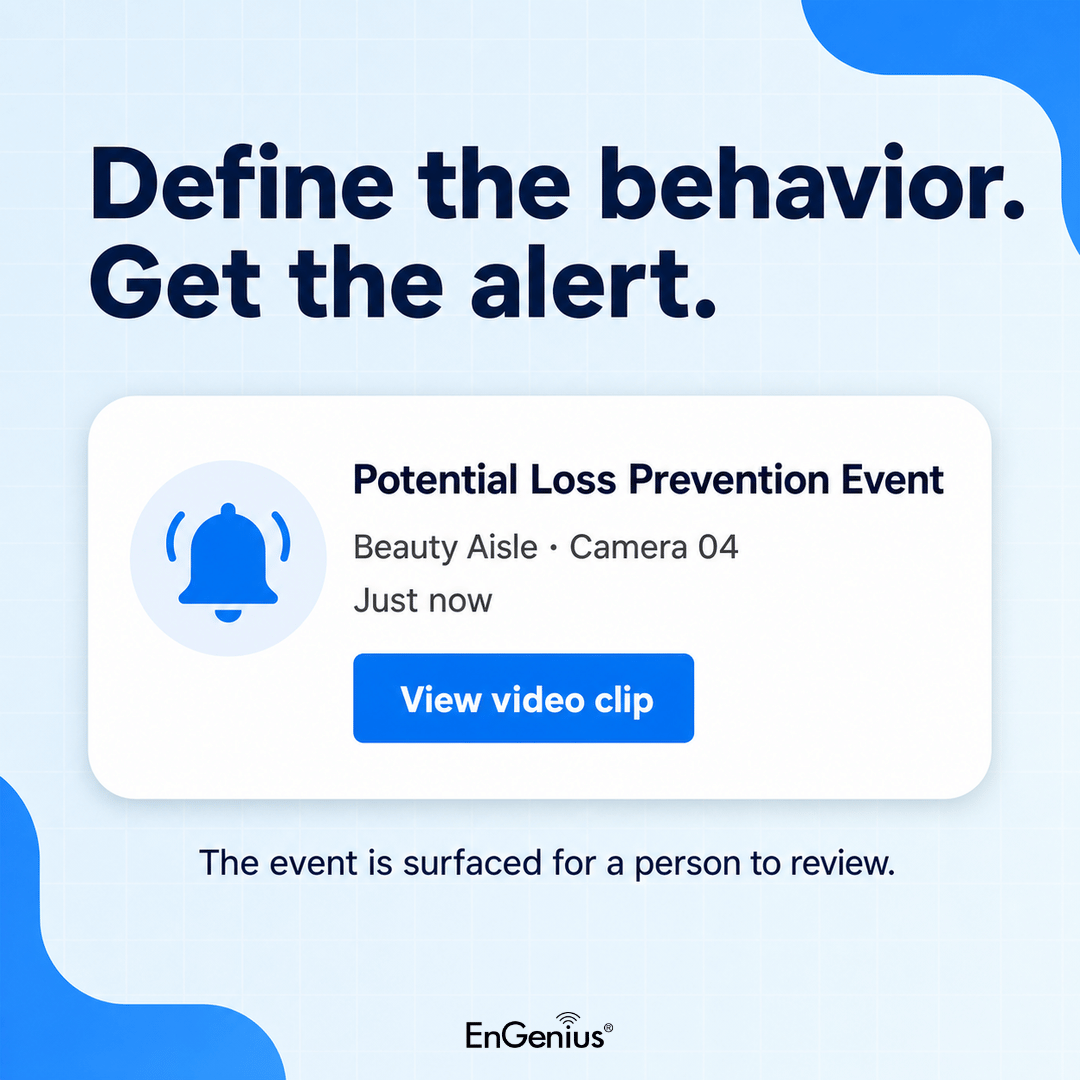EngeniusTech's tweet photo. Suspicious behavior can be easy to miss in a busy store.

EnGenius AI Surveillance can alert security teams in real time, while ECC500 cameras and Cloud AI track the same person across cameras for clearer incident context.

Learn more: https://t.co/f2koXWbYQV https://t.co/JjUpVO2kR9