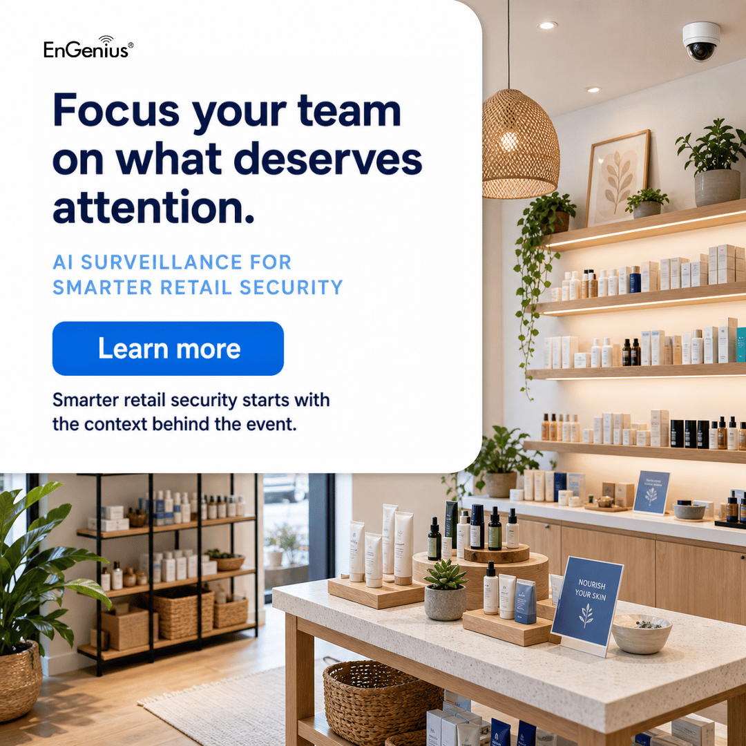 EngeniusTech's tweet photo. Suspicious behavior can be easy to miss in a busy store.

EnGenius AI Surveillance can alert security teams in real time, while ECC500 cameras and Cloud AI track the same person across cameras for clearer incident context.

Learn more: https://t.co/f2koXWbYQV https://t.co/JjUpVO2kR9