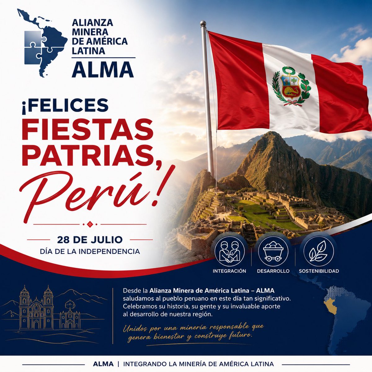 almalatam's tweet photo. 🇵🇪 ¡Feliz Día de la Independencia del Perú!
Desde la Alianza Minera de América Latina, enviamos un afectuoso saludo al pueblo peruano con motivo de la conmemoración de su Independencia
Perú es una nación de profunda historia, riqueza cultural y una extraordinaria tradición minera https://t.co/t8ocRhbJnd