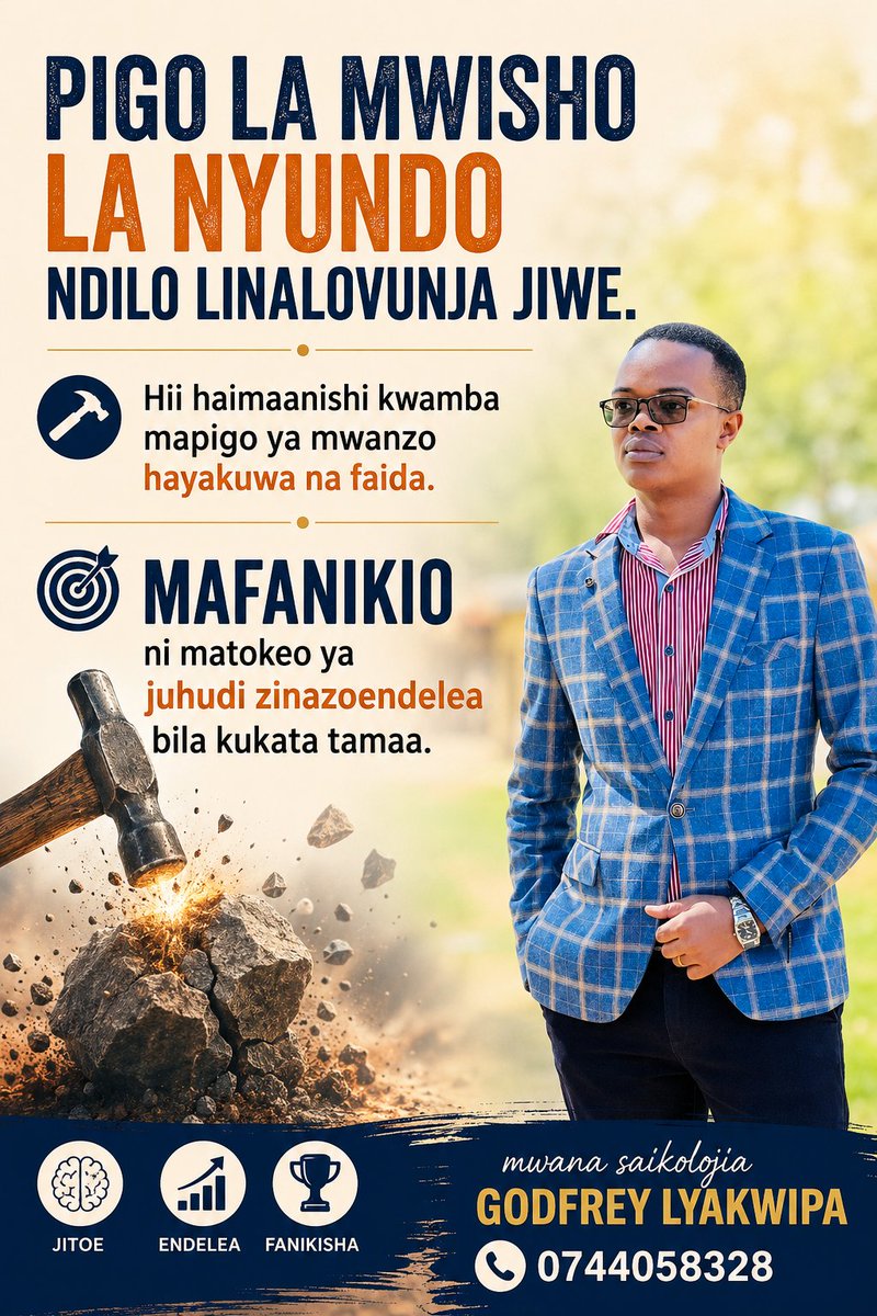 kwip123's tweet photo. SAIKOLOJIA YA MAFANIKIO: Kwa Nini Usikate Tamaa Baada ya Kushindwa Mara ya Kwanza?
> "Pigo la mwisho la nyundo ndilo linalovunja jiwe. Hii haimaanishi kwamba mapigo ya mwanzo hayakuwa na faida. Mafanikio ni matokeo ya juhudi zinazoendelea bila kukata tamaa." https://t.co/Yra3GWJrtD
