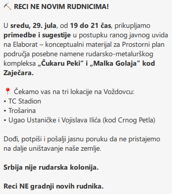ZborJerkovic's tweet photo. ⛏️ RECI NE NOVIM RUDNICIMA!

📍 Čekamo vas na tri lokacije na Voždovcu:
• TC Stadion
• Trošarina
• Ugao Ustaničke i Vojislava Ilića (kod Crnog Petla)

Dođi, potpiši i pošalji jasnu poruku da ne pristajemo na dalje uništavanje naše zemlje.

Srbija nije rudarska kolonija. https://t.co/drsS8yEEMJ