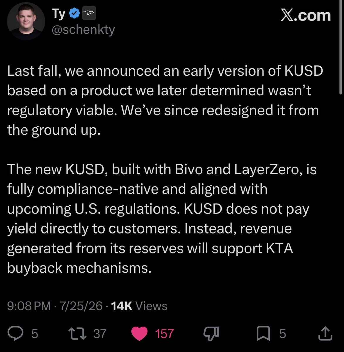 Brown_Thunder76's tweet photo. Think about where most blockchain projects are about a year after launch.

Most have a white paper, a roadmap, and a Discord talking about what they’re going to build.

Keeta already has live payment rail infrastructure with regulated banking, built-in KYC and AML, digital fiat in nine currencies, and now with LayerZero connects into the broader Web3 ecosystem.

On July 9, in their blog post, they explained how network fees work, including how a portion of resolver fees is intended to be used for KTA burns.

Now Ty has confirmed that revenue generated from KUSD’s reserves will support KTA buyback mechanisms rather than paying yield directly to customers.

That’s now two separate value accrual mechanisms for KTA.

One tied to network activity.

One tied to stablecoin reserves.

It’s hard not to notice this seems intentional. While one of the biggest debates around the CLARITY Act has been stablecoin yield, Keeta’s design routes reserve revenue toward KTA buybacks rather than paying yield directly to holders.

The tokenomics just keep getting stronger.

At this point, I’m beginning to wonder what else they have up their sleeve. 

@KeetaNetwork $KTA 

https://t.co/EsqM3X3rfT