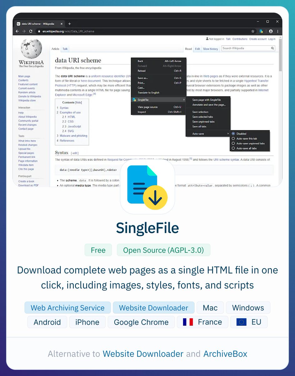 AlternativeTo's tweet photo. Free and open-source browser extension to save complete web pages with images, styles, fonts, and frames as a single offline HTML file https://t.co/szs6O6bTTg