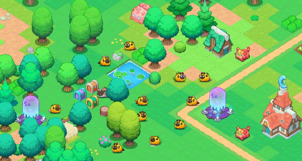CryptArthx's tweet photo. Welcome to the Golden Sheep Sanctuary. 🌲🐑
A peaceful forest... unless you get too close to the treasure chests. 

#AxieTerrariums https://t.co/4j2q7qYJak