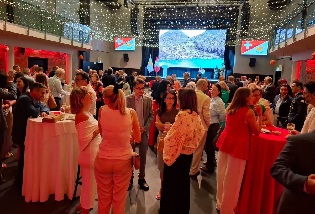 swissembcyprus's tweet photo. An evening of friendship, partnership and Swiss hospitality! The Embassy of Switzerland 🇨🇭 was delighted to celebrate the Swiss National Day together with Government officials, colleagues, partners and friends of Switzerland in Cyprus 🇨🇾. Thank you all for making it such a memorable evening. #SwissNationalDay #Switzerland #cyprus