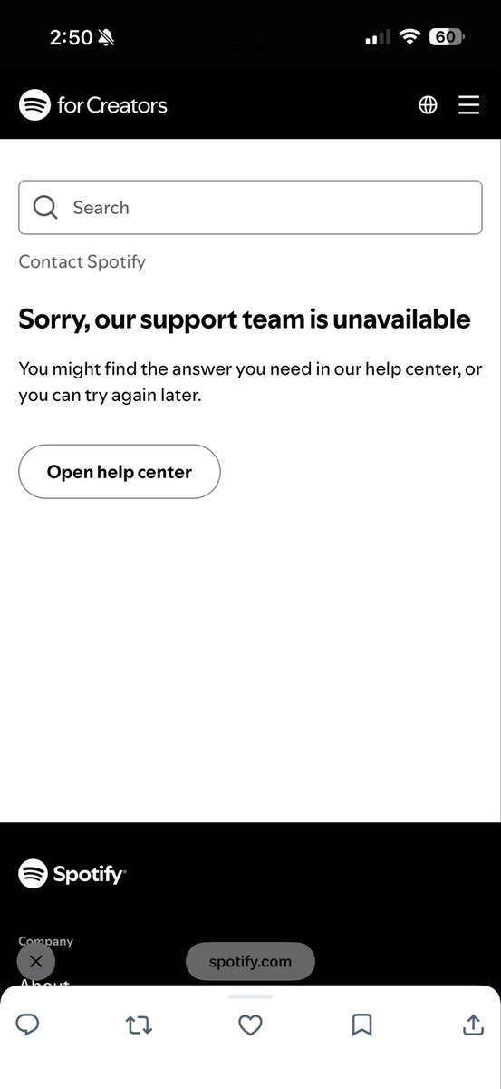 iqadry's tweet photo. @SpotifyCares Also tried going there but it says support team is not available. https://t.co/Tc4oFGZBHS