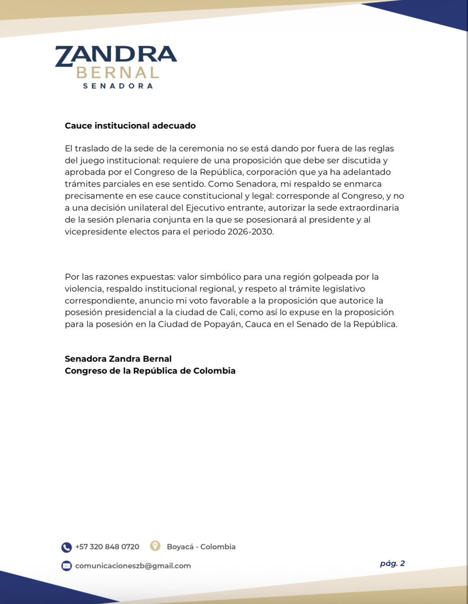 zandrambernal's tweet photo. Respaldo la realización de la posesión presidencial de @ABDELAESPRIELLA en Cali. Es una decisión que reconoce al suroccidente colombiano, cuenta con respaldo regional y respeta el trámite institucional que corresponde al Congreso. 

Aquí comunicado completo ⬇️ https://t.co/FJ7Mw9ugQJ