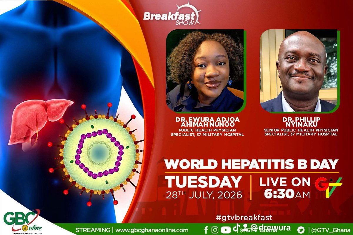 drewura's tweet photo. Please join Dr Phil and I on Gtv as we wrap up World Hepatitis Day tomorrow at 6.30am. Afterwards, join us at the Garrison Methodist Presby Church in Burma Camp at 9am to screen for Hepatitis B and C. The screening is free!! 

#worldhepatitisday
#freescreening
#publichealth https://t.co/b2zdeC6WAG
