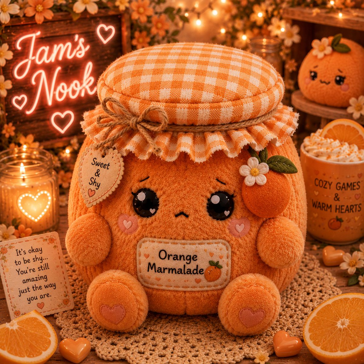 JamsNooks's tweet photo. 🍊 Orange Marmalade
"The Shy Sunshine"
Orange Marmalade gets nervous meeting new people.
She hides behind shelves.
She peeks around corners.
She blushes whenever someone compliments her.
But once she feels comfortable...
She never stops talking.
She gives the warmest hugs and makes everyone feel at home.
Favorite saying: "H-hi... I'm happy you're here..."
