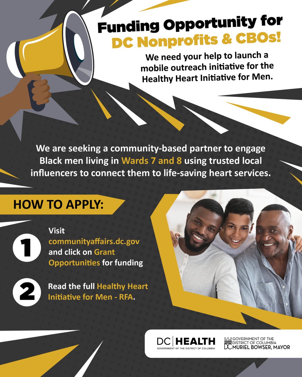 _DCHealth's tweet photo. 📢 Funding Opportunity for DC Nonprofits &amp; CBOs! ❤️

We need your help to launch a mobile outreach program for our Healthy Heart Initiative for Men.

Check out DC Health's Heart Health Initiative Request for Funding (RFA) @ https://t.co/5IRLFAYKKN. https://t.co/9XwYZZRCO6