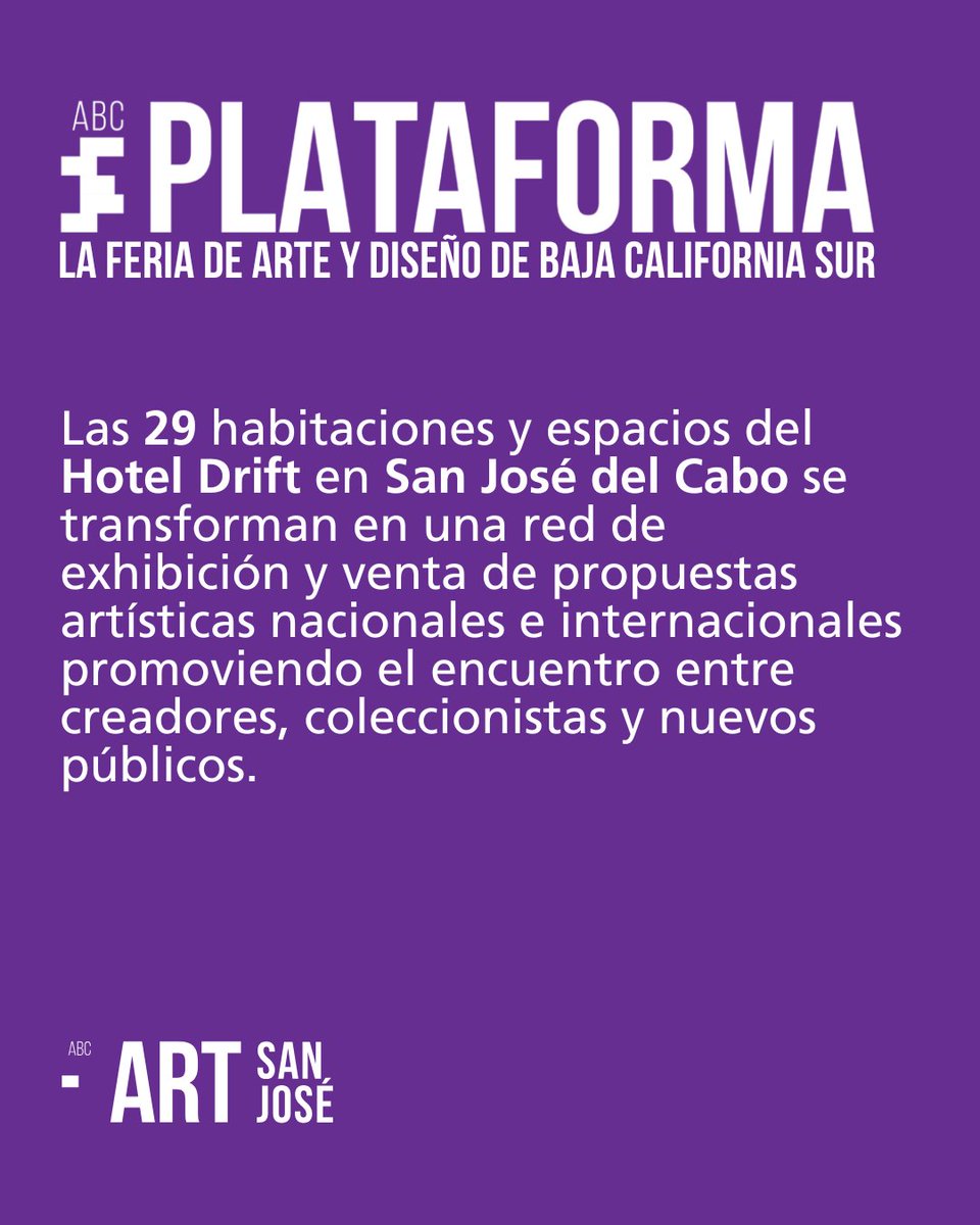 ABCARTBAJA's tweet photo. OPEN CALL | PLATAFORMA ABC

Forma parte de la feria de arte y diseño de Baja California Sur.

📍 Hotel Drift, San José del Cabo
 🗓 11–14 marzo 2027

Aplicaciones abiertas.

APLICA AQUÍ: https://t.co/yIcKpXlUwu

#ABCARTBAJA #PLATAFORMAABC #SALAABC #PATIOABC #LOCALABC https://t.co/wVaC2dwFS6