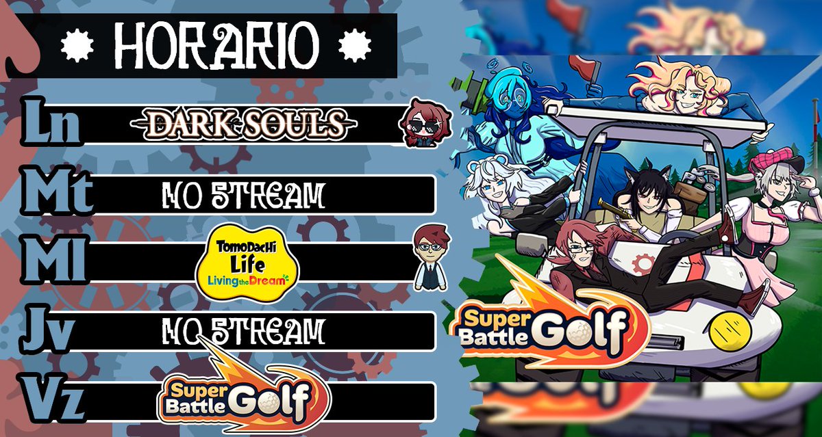 AxesCadilay's tweet photo. ⚙️♥️HORARIO SEMANAL♠️⚙️

Mas Dark Souls con ejercicio hoy Lunes, Vida Tomodacha en Miércoles

Viernes de collab de Super Battle Golf con una nueva colaborante 💙

Nos vemos ☕️
Arte: @GamuRock https://t.co/NkWIqB46yX
