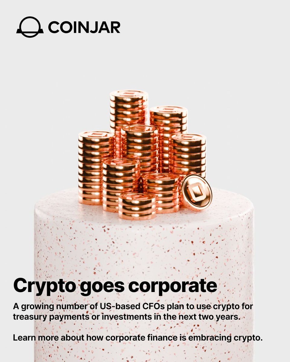 GetCoinJar's tweet photo. Corporate treasuries are starting to look a lot less conservative. A recent Deloitte survey found that 23% of CFOs expect their treasury departments to use crypto for investments or payments within the next two years, and that number jumps to nearly 40% at companies earning over $10 billion a year.

Stablecoins for faster cross-border payments, DeFi for treasury yield, even crypto payments to vendors: the use cases are getting practical, not just experimental.

Learn more about how corporate finance is embracing crypto. 

 https://t.co/OTGNWvSO7p

This content is for information purposes only and does not constitute financial advice. CoinJar Europe Limited is authorised as a Crypto-Asset Service Provider under the Markets in Crypto-Assets Regulation (MiCAR) by the Central Bank of Ireland.