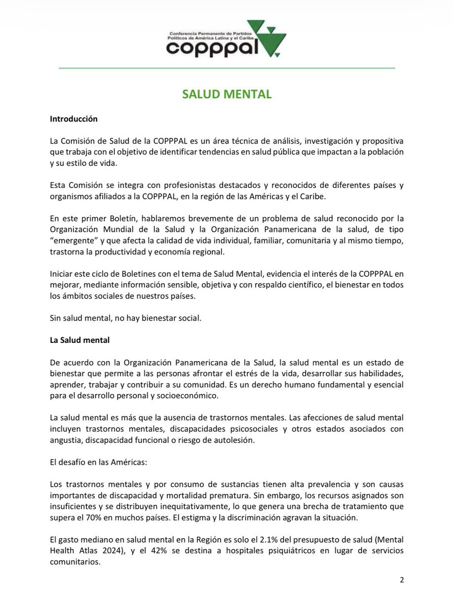 copppal_oficial's tweet photo. Desde la Comisión de Salud de la @COPPPAL_OFICIAL presentamos este primer boletín, dedicado a un tema que hoy representa uno de los mayores desafíos de salud pública: la salud mental.

Te invitamos a conocer este material, elaborado con información científica y con el compromiso de contribuir a sociedades más saludables, inclusivas y con mayor bienestar para todas y todos.
