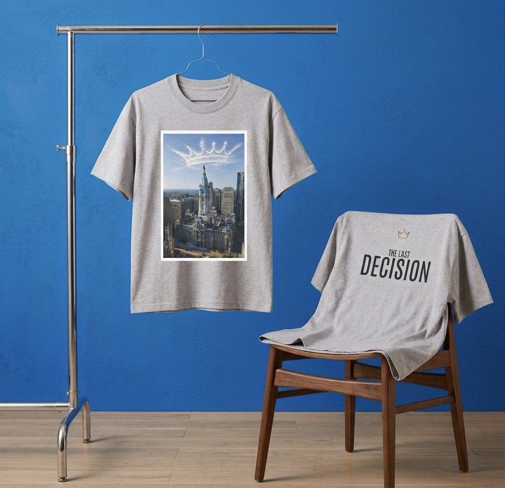 MQPDesignCo_'s tweet photo. Heavy is the head, but Philly wears it best. 👑☁️
Introducing "The Last Decision" tee. Featuring a custom City Hall crown graphic on the front and clean, bold typography on the back.

Welcome to Philly LeBron 

https://t.co/8X0HpHCzuA

#throwtheballup #TheLastDecision #Philly #CityofBrotherlyLove