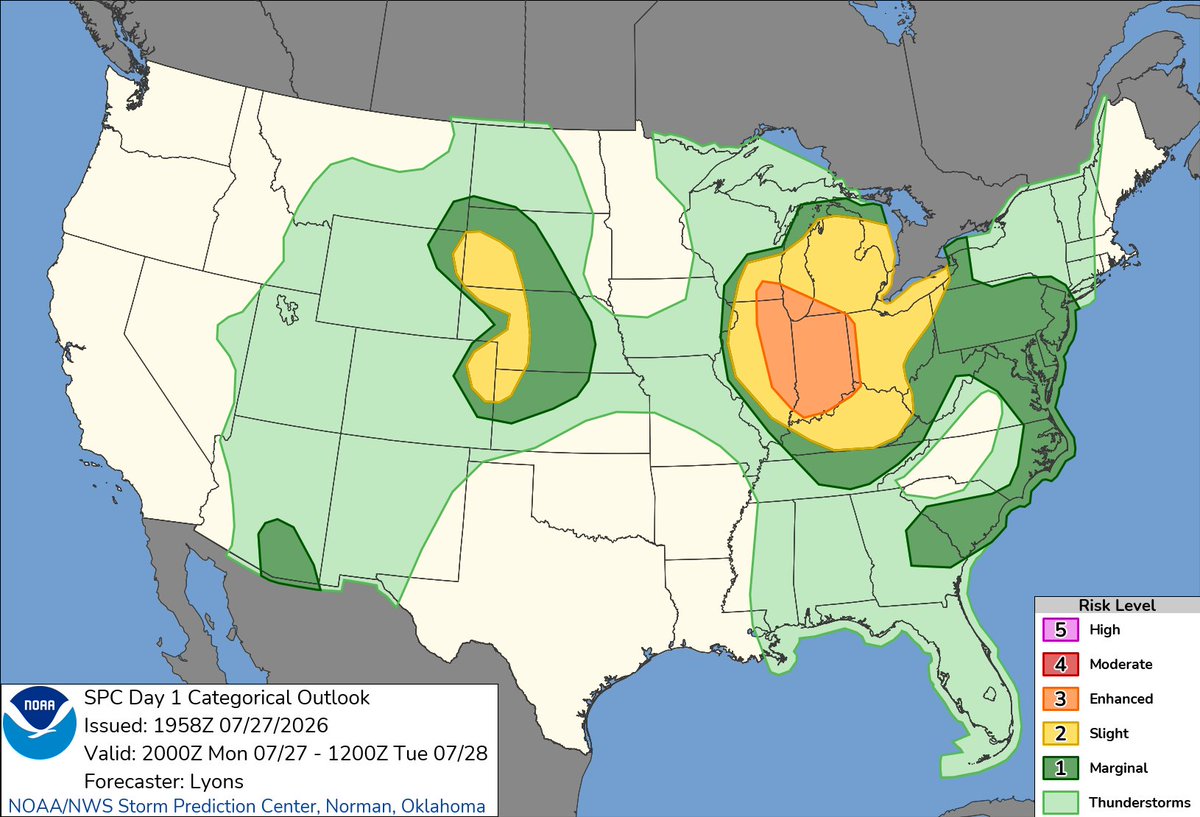 NWSSPC's tweet photo. 3:00pm CDT #SPC Day1 Outlook Enhanced Risk: over parts of the lower Great lakes and Midwest States https://t.co/TgJgC6cj9Y https://t.co/k6XI8Toor6