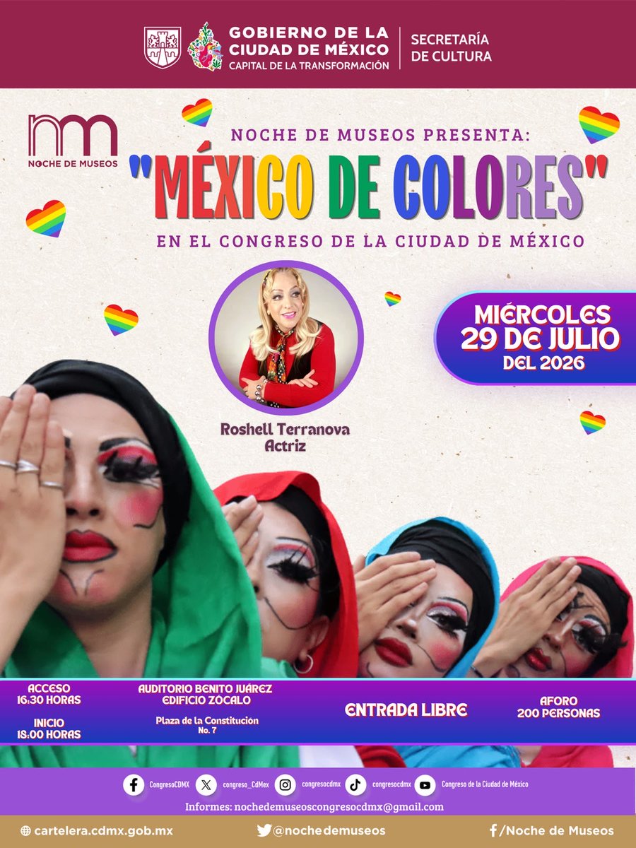 Congreso_CdMex's tweet photo. 🏛️🌈 Vive una noche llena de arte, diversidad y expresión en “México de Colores”. Te esperamos este 29 de julio en el #CongresoCDMX como parte de la #NocheDeMuseos. 🎭 Entrada libre, cupo limitado. ¡No te lo pierdas! 💜

#MéxicoDeColores #CDMX https://t.co/SFJksXliR7