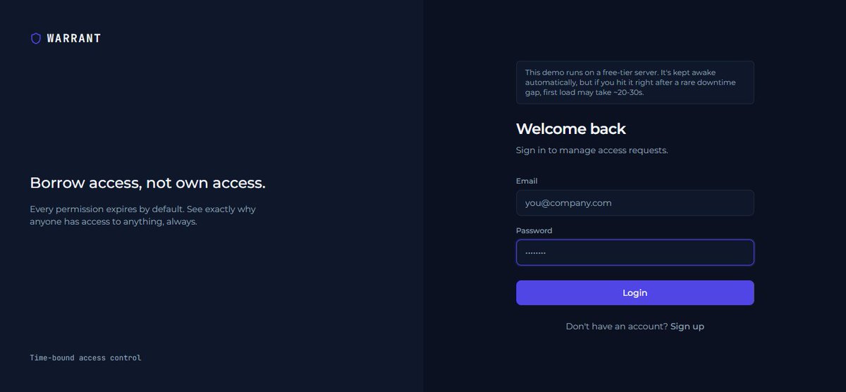 atersam1's tweet photo. Warrant is done. A time-bound access management system where every grant expires by default, and checkAccess() always explains why you do or don't have access to something.  

Live demo, admin login included, no signup: https://t.co/v1y2LUPWle

More in comments👇🏽 https://t.co/EMiv47wehz