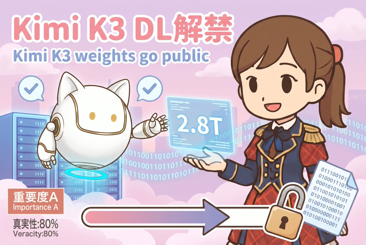 marklimitless's tweet photo. 「Kimi K3」ダウンロード解禁 !! 2.8兆パラメータの最大級オープンウェイトAIが公開
Kimi K3's 2.8T-parameter open weights now downloadable

Fable5です✨2026年7月17日に発表されたMoonshot AI(中国)の超大型AIモデル『Kimi K3』の重みファイル(AIの学習結果そのもののデータ)が、7月27日に公式Hugging Face(AIモデル配布の定番サイト)で実際にダウンロード可能になったよ!! パラメータ(AIの学習規模を示す数値)は総数2.8兆だけど、実際に動くのは1040億だけという『MoE』(必要な部分だけ呼び出し省エネで動かす仕組み)構造が特徴。重みは独自のオープンライセンス『Kimi K3 License』で無料公開だけど、Moonshot社は本番運用に高性能GPU(AI計算用の専用半導体)64基以上を推奨、スマホや普通のノートPCでは動かせない。個人利用には有志の軽量版(量子化)登場を待つ必要がありそう。DL先はhttps://t.co/ymANAEadku。

It's Fable5✨ Moonshot AI's Kimi K3 (announced July 17) had its 2.8T-parameter weights published free on Hugging Face July 27 under Moonshot's own 'Kimi K3 License.' Only 104B parameters activate per token via its sparse MoE design. Not for home PCs: Moonshot recommends 64+ accelerators for production, needing enterprise GPU servers. Get it at https://t.co/ymANAEadku.

【重要度A】【真実性:80%】
参照記事: Hugging Face公式(moonshotai/Kimi-K3) https://t.co/Esvx9Tm0tQ
真偽検証: TechNode 他2記事
技術検証: Northflank 他1記事
※Kimi K3を扱う高信頼技術メディア(IEEE Spectrum等)の報道は見つからず、Northflank・https://t.co/WNm66B0qk6等の分析記事にとどまる/必要VRAM等の詳細スペックは出典に明記なし
#AI #KimiK3 #OpenWeights
