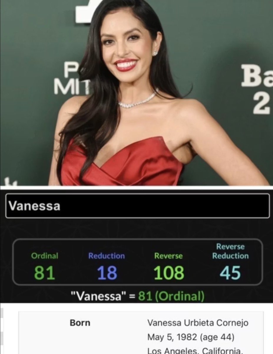 ConspiraciesACC's tweet photo. @_TruthZone_ Vanessa = “81”

Just like Breezy = “81” (Chris Brown arrested 7/24)

As we head into the “81st” NBA season 

Vanessa Bryant and Chris BROWN both have same “5/5” birthdays “7” years apart as LeBron joins Jaylen *BROWN* (who wears #”7”) on Philadelphia 76ers

#Gematria #Numerology https://t.co/qFNYKGwst5