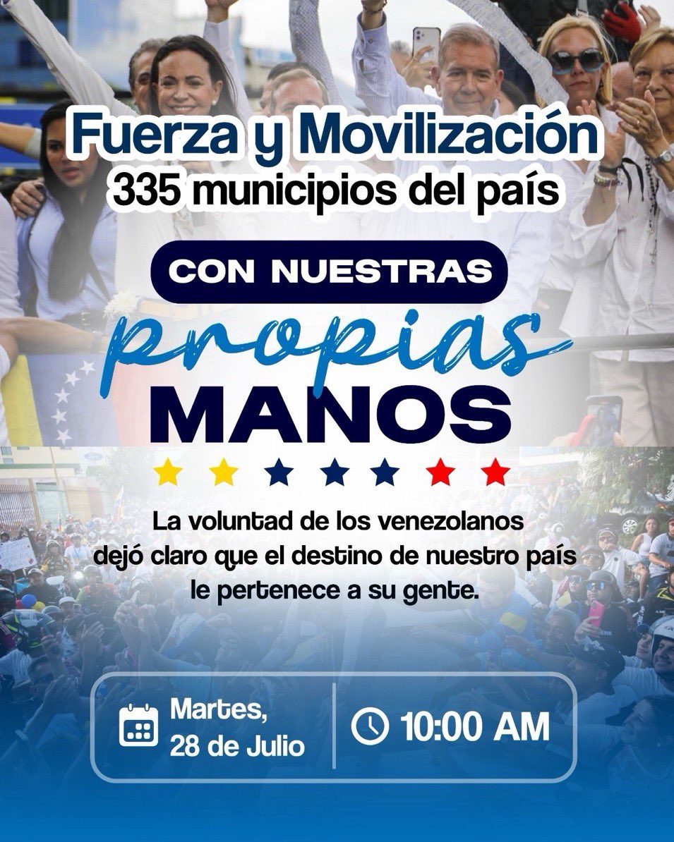 estendenciavzl's tweet photo. "Vente Venezuela" es tendencia porque convocó a una movilización masiva en 355 municipios del país para mañana 28 de julio. 

Esto en el marco del segundo aniversario de las elecciones presidenciales del 28 de julio del 2024. https://t.co/o0L9jr8X8L