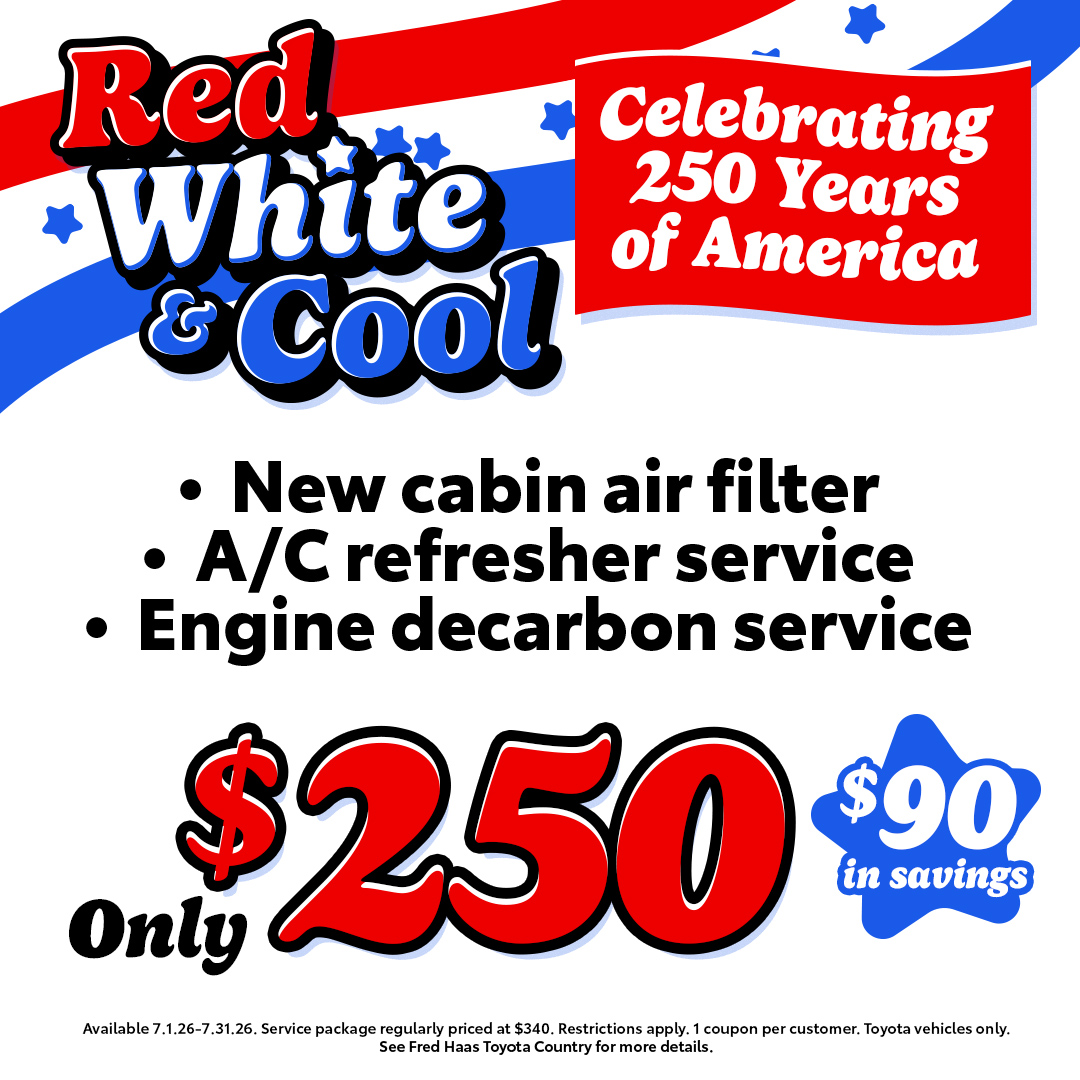 FredHaasCountry's tweet photo. Red, White &amp; Cool ends soon! 🇺🇸❄️ Celebrating 250 years of America with savings! Get a cabin air filter, A/C refresher, and engine decarbon service for only $250 (save $90)! 🚗💨 #Houston #CarCare #ACRefresh

Last week to grab this service deal: https://t.co/xSpqV7XpKb https://t.co/3Kl9pbxxDG