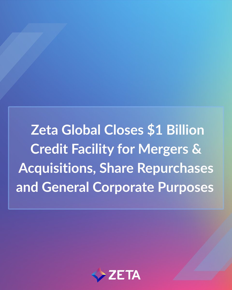 dsteinberg10000's tweet photo. As @ZetaGlobal continues to grow, so does our capacity to invest behind it. We’ve closed a new $1 billion credit facility, so that as opportunities for M&A come available we have the dry powder we need., we can buy back more shares faster, and have greater corporate liquidity  

There’s a lot of opportunity ahead for Zeta, and this positions us to capitalize on it. $zeta LG 🚀🚀🚀

Read more here: 

https://t.co/emijU9hKdX